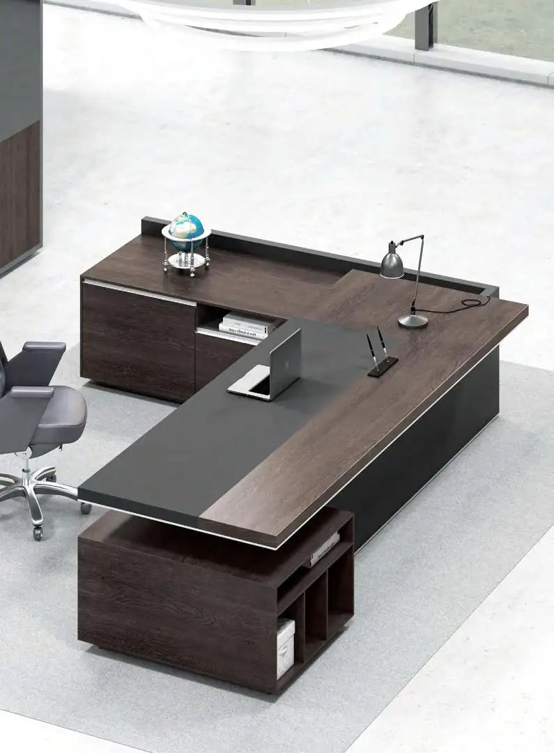 Director L-Shape Office Table Luxurious Executive Desk Made in Particle Board/ MDF/Plywood with Side Unite and Wire Manager Office Table