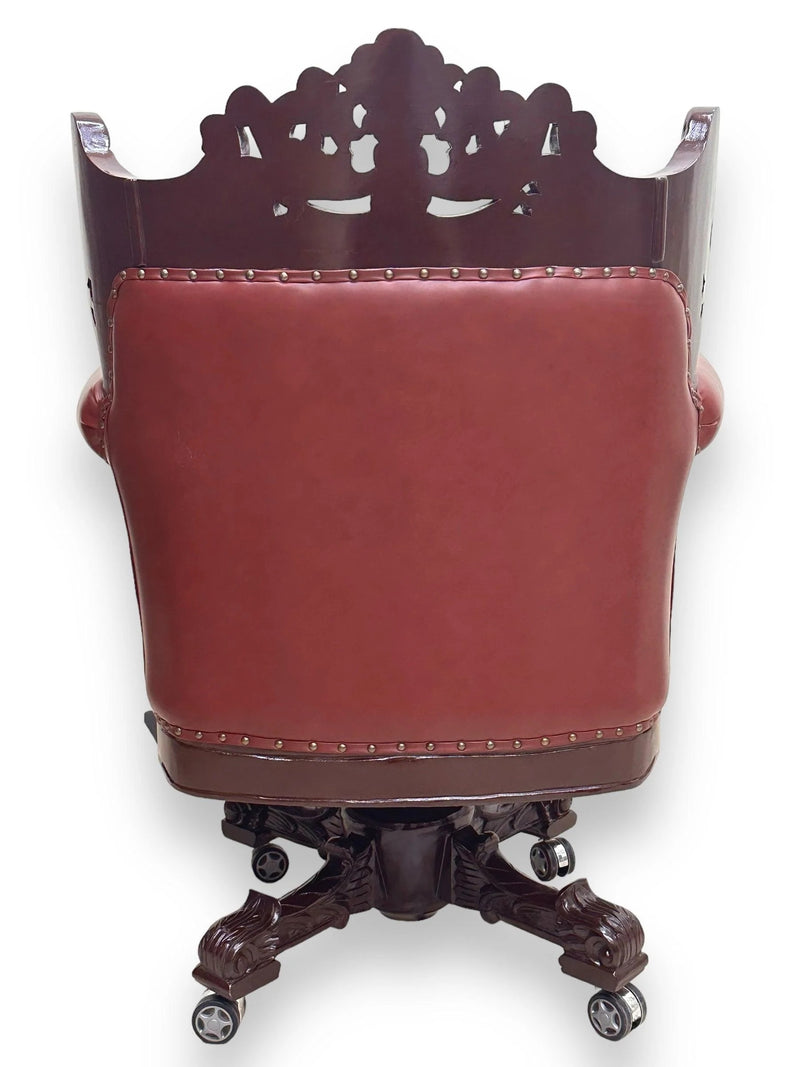 Royal Twist Design Hand Carved Teak Wood Adjustable Height 360° Swivel Button Tufted Office Armrest Chair