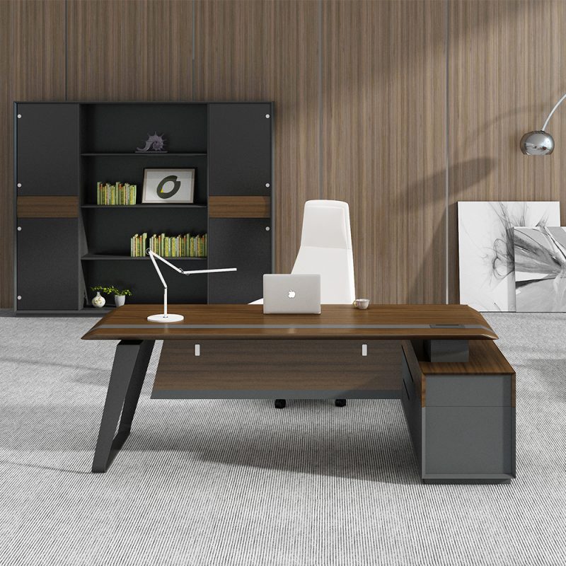 Director & Executive L-Shape Office Modern Table Made in MDF with Drawer & Wire Manager - Dark Grey, Brown