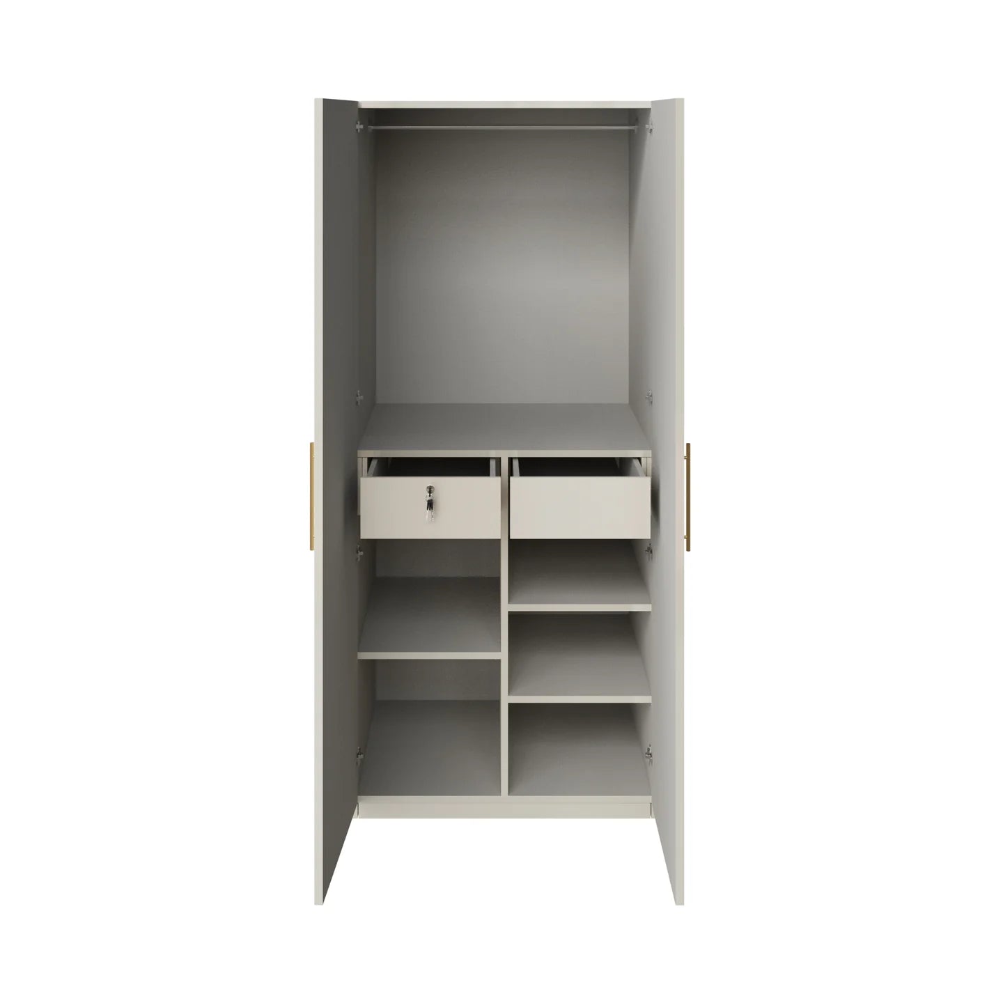 Wardrobe 2-Doors Modern Design with Soft-Close Hinges, Designer Handles, Secure Locker and Spacious Drawers.
