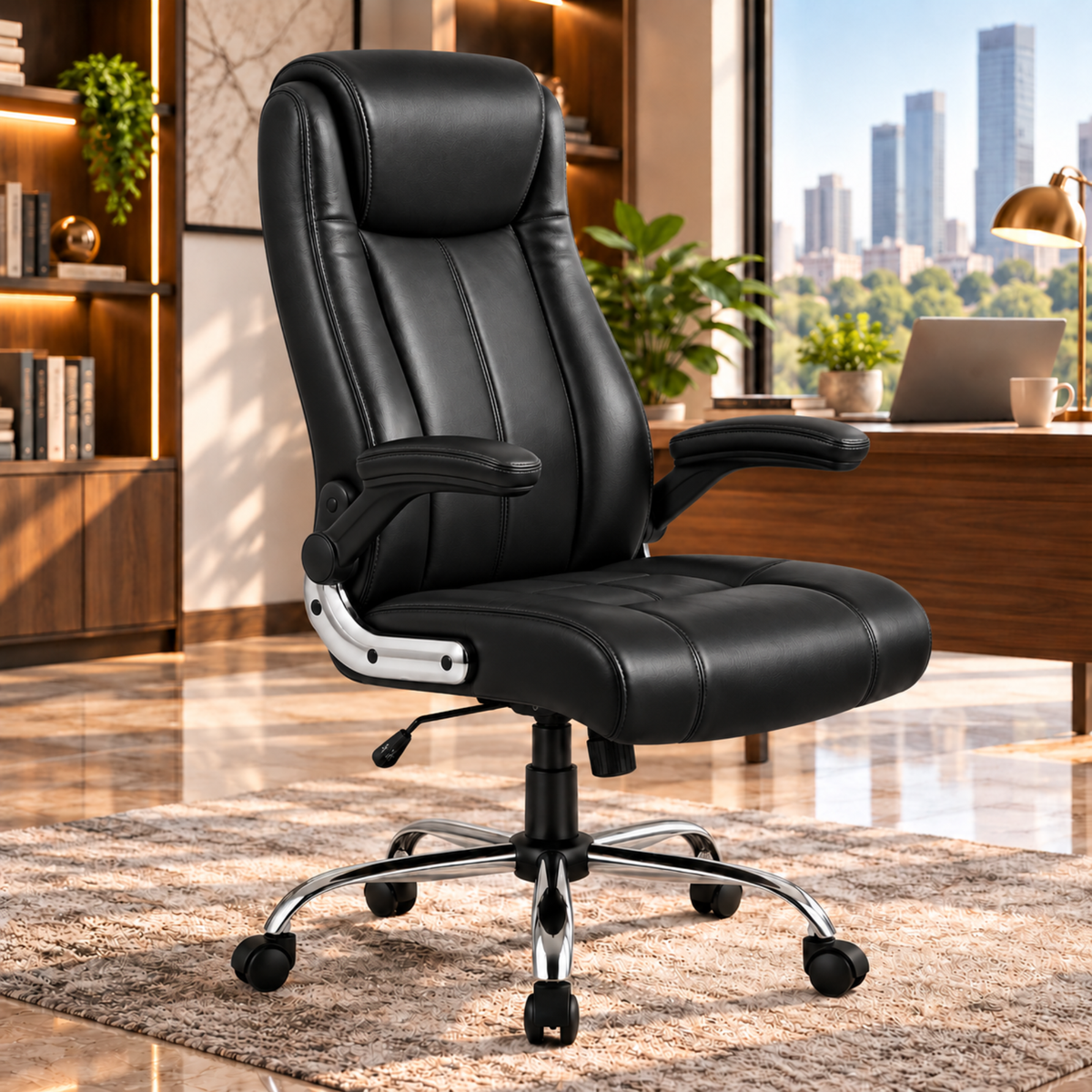 Director Chair with High-Back Padded Leatherette Office Chair with Solid Wood Frame and Rolling Casters