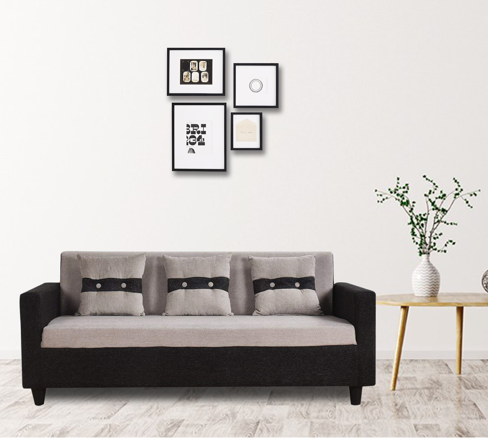 3 Seater Fabric Sofa in Wooden Frame Base -