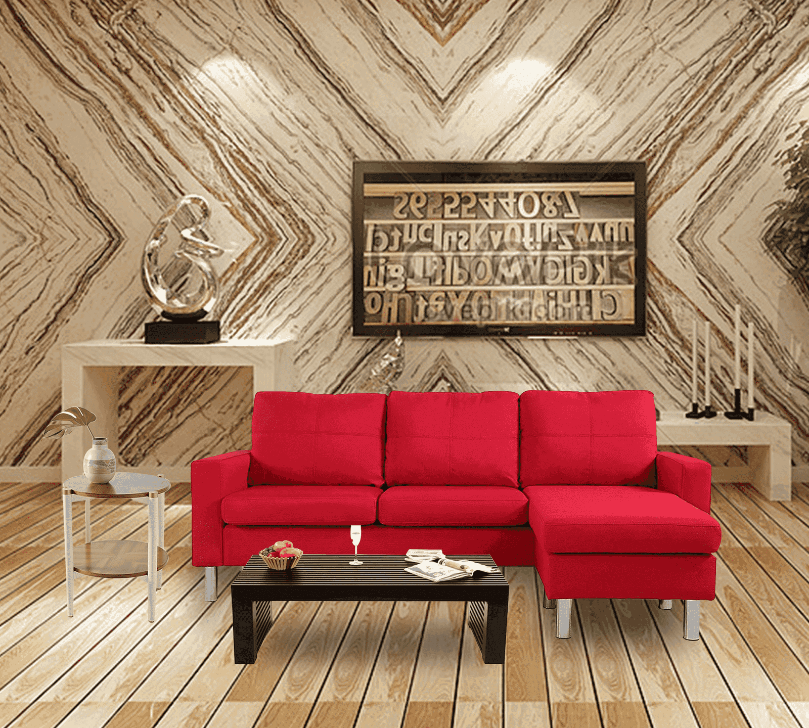 3 Seater Fabric Sofa with Chaise in Wooden Base Metal Legs -