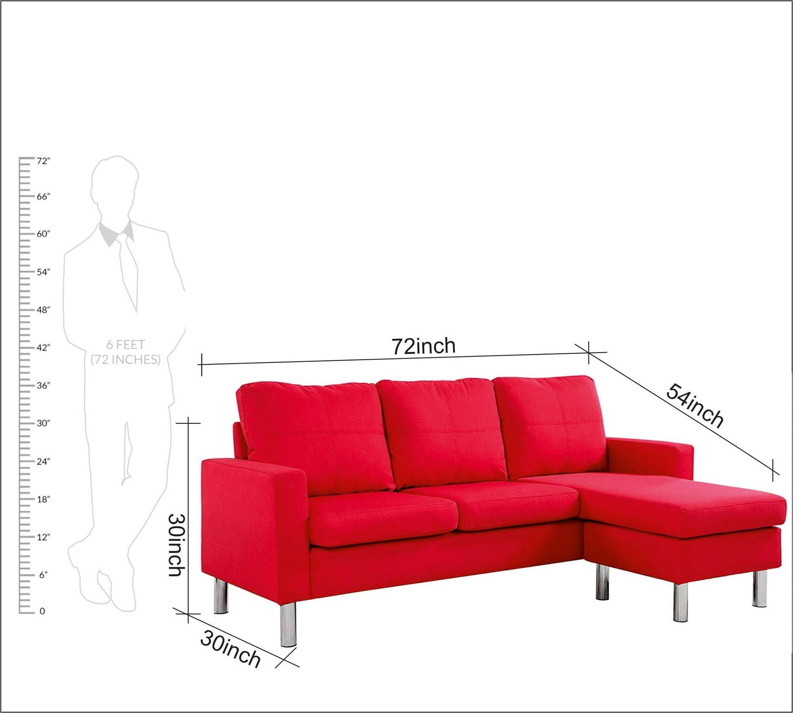 3 Seater Fabric Sofa with Chaise in Wooden Base Metal Legs -