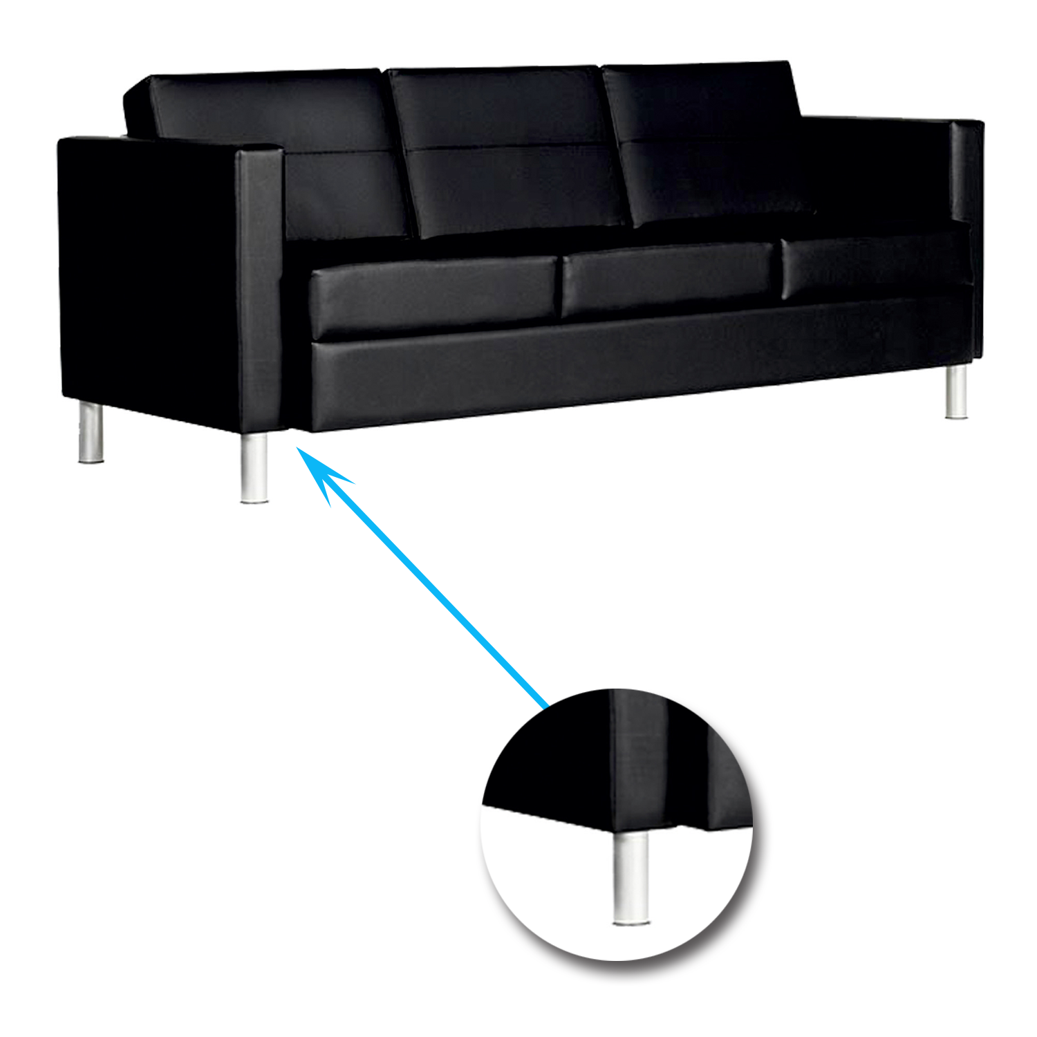 3 Seater Leatherette Sofa Metal Legs Base Cushioned -