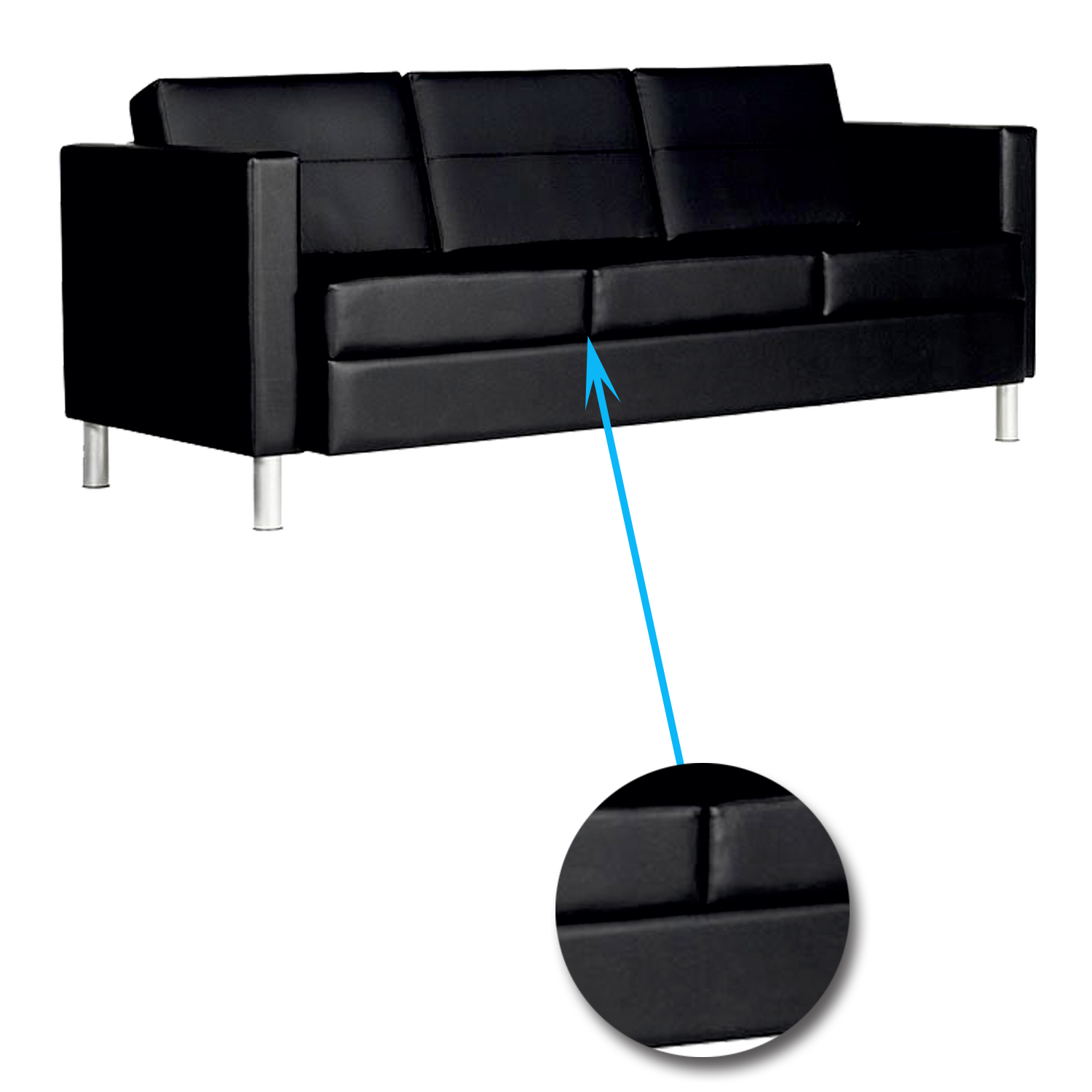 3 Seater Leatherette Sofa Metal Legs Base Cushioned -