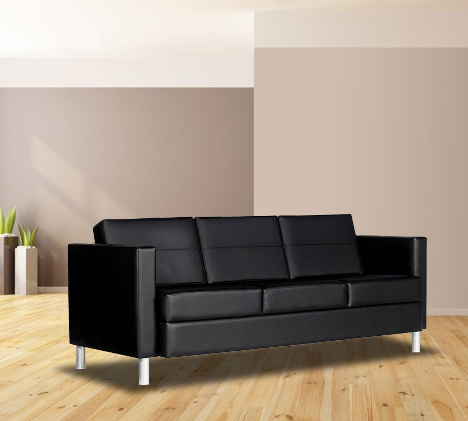 3 Seater Leatherette Sofa Metal Legs Base Cushioned -