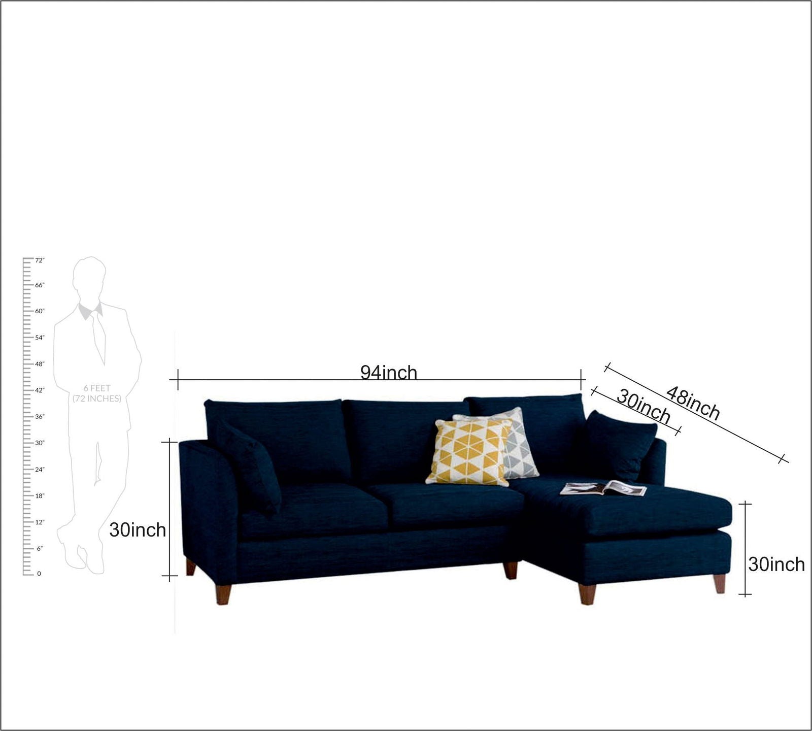3 Seater Sofa with Chaise in Wooden Frame Base -