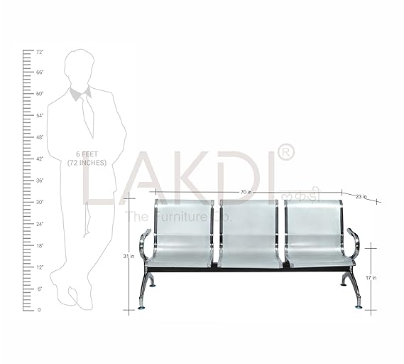 3 Seater Waiting Chair Metal Chrome Finish Base -