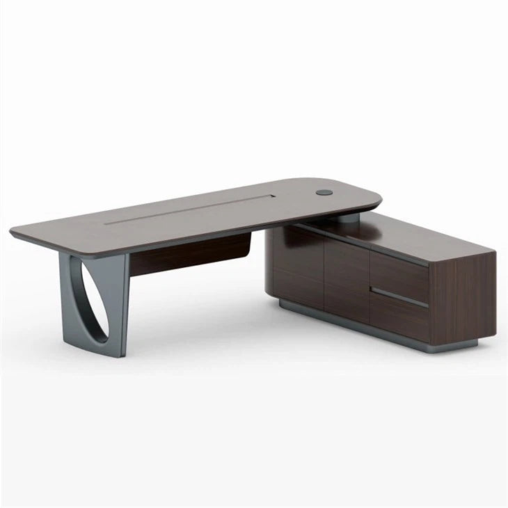 Director & Executive L-Shape Office Table Modern Desk Made in Plywood with Drawer & Wire Manager - Brown & Grey
