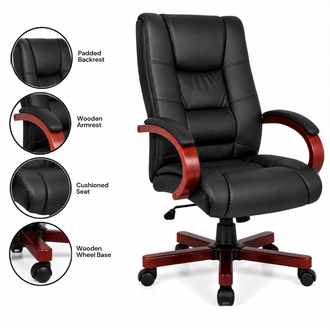 Stylish Leatherette Director and Boss Office Chair with Wooden Handle and Base