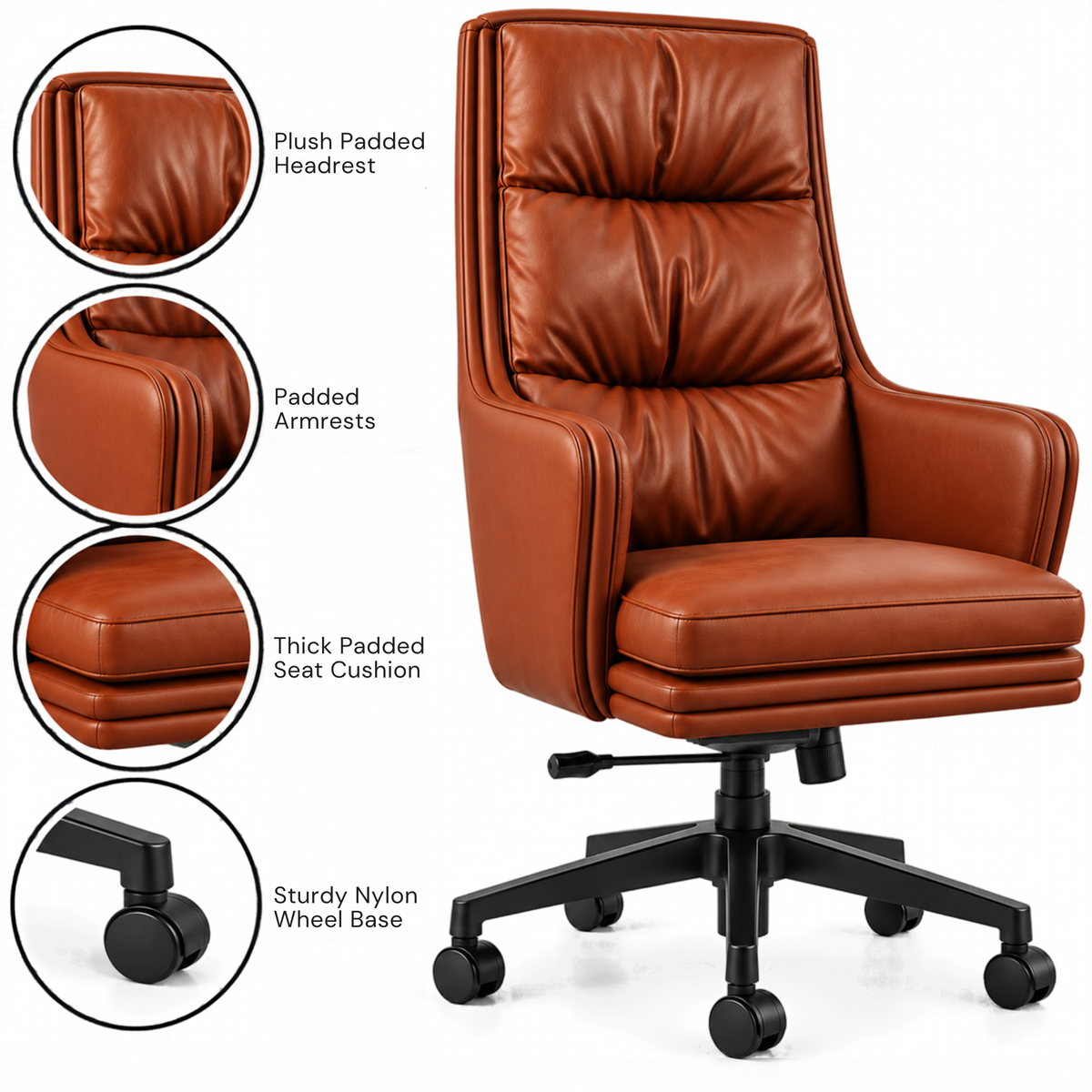 Premium High Back Executive Office Chair with Padded Armrests, Tilt Mechanism, Height Adjustment & Smooth Mobility for Home and Office