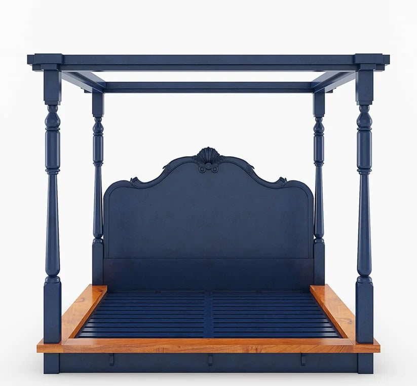 Poster Bed in Solid Sheesham Wood with Handcrafted Headboard, Two-Tone Finish, and Royal Design