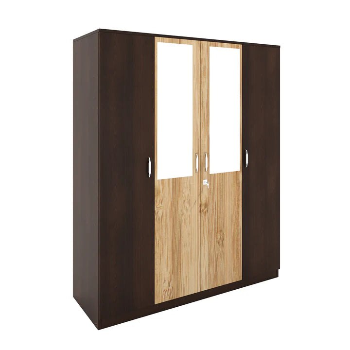 Wardrobe in Particle Wood with 4 Doors and Mirror – Elegant Storage Solution for Bedrooms with Hanging Rod, Shelves, and Drawer Space