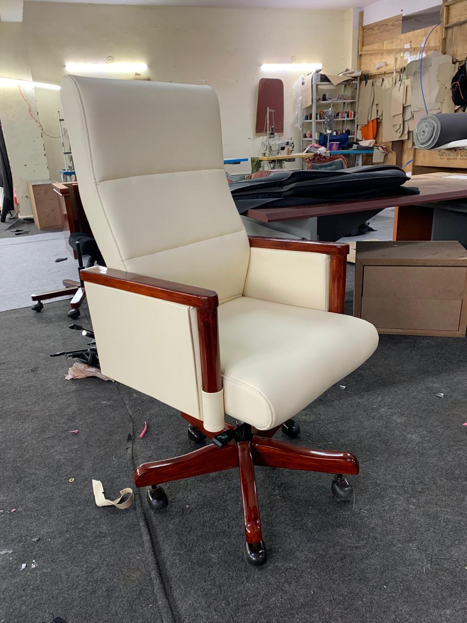 High Back Wooden with Fabric Revolving & Recliner Chair | Director Chair | Office - Cream Color