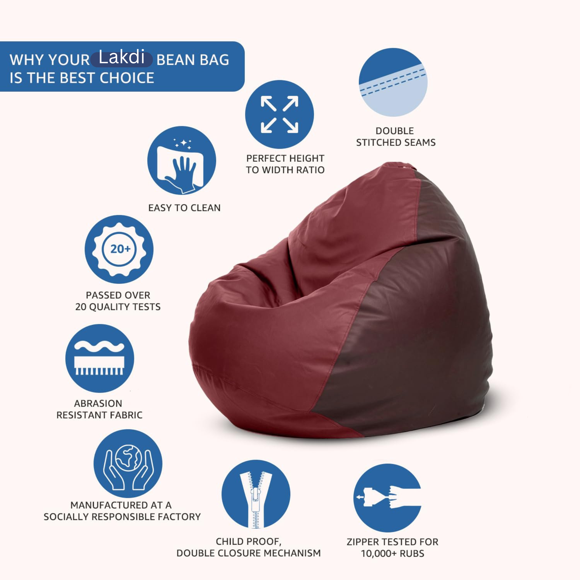 Fluffy Bean Bag Ultra Soft Cozy, Medium Size Filled with Premium Beans Ideal For Living Room, Bedroom, Gaming Lounge, Comfortable Seating for Adults or Kids -Maroon