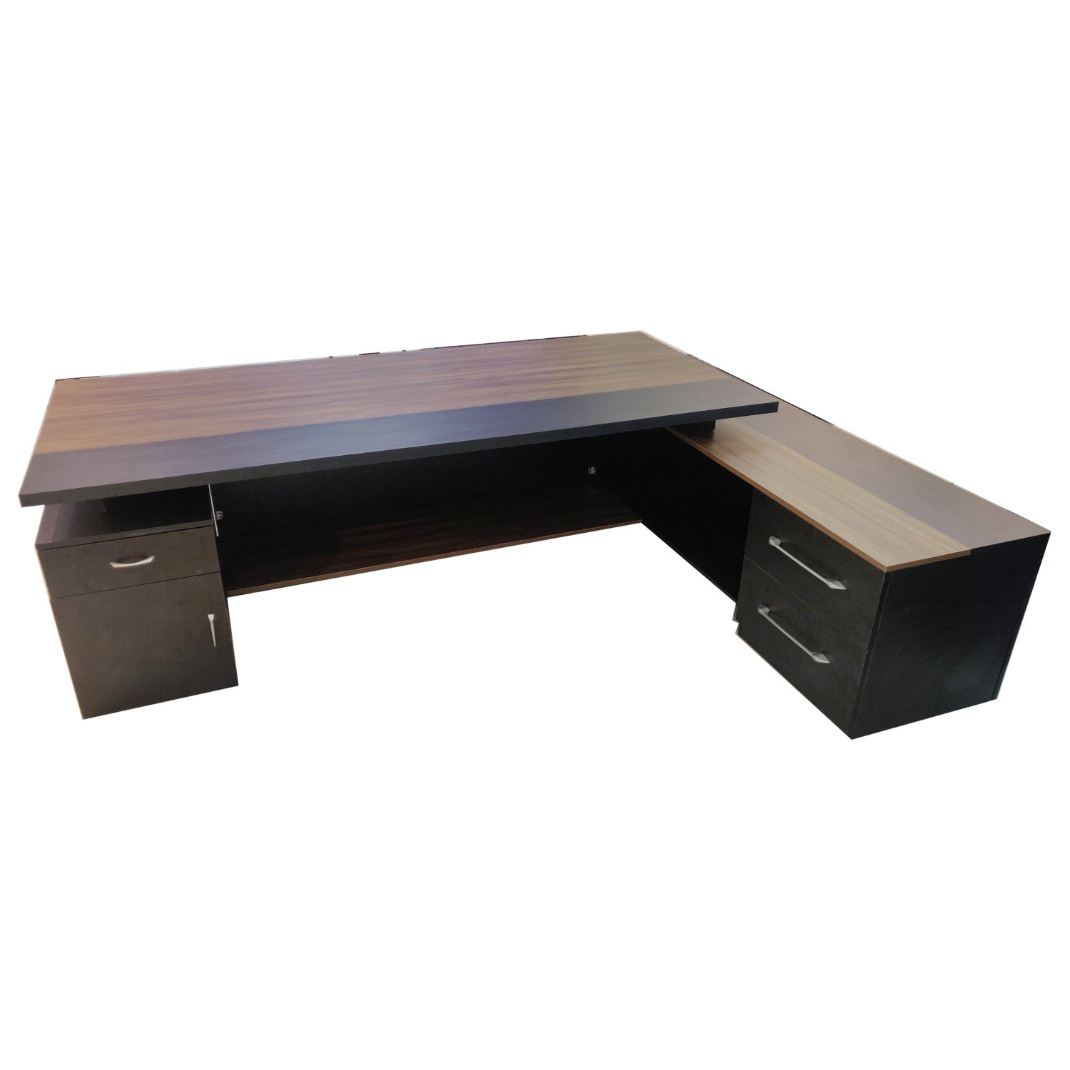Director & Executive L-Shape Office Table Modern Desk Made in Particle Board with Open Shelves & Drawer - Brown