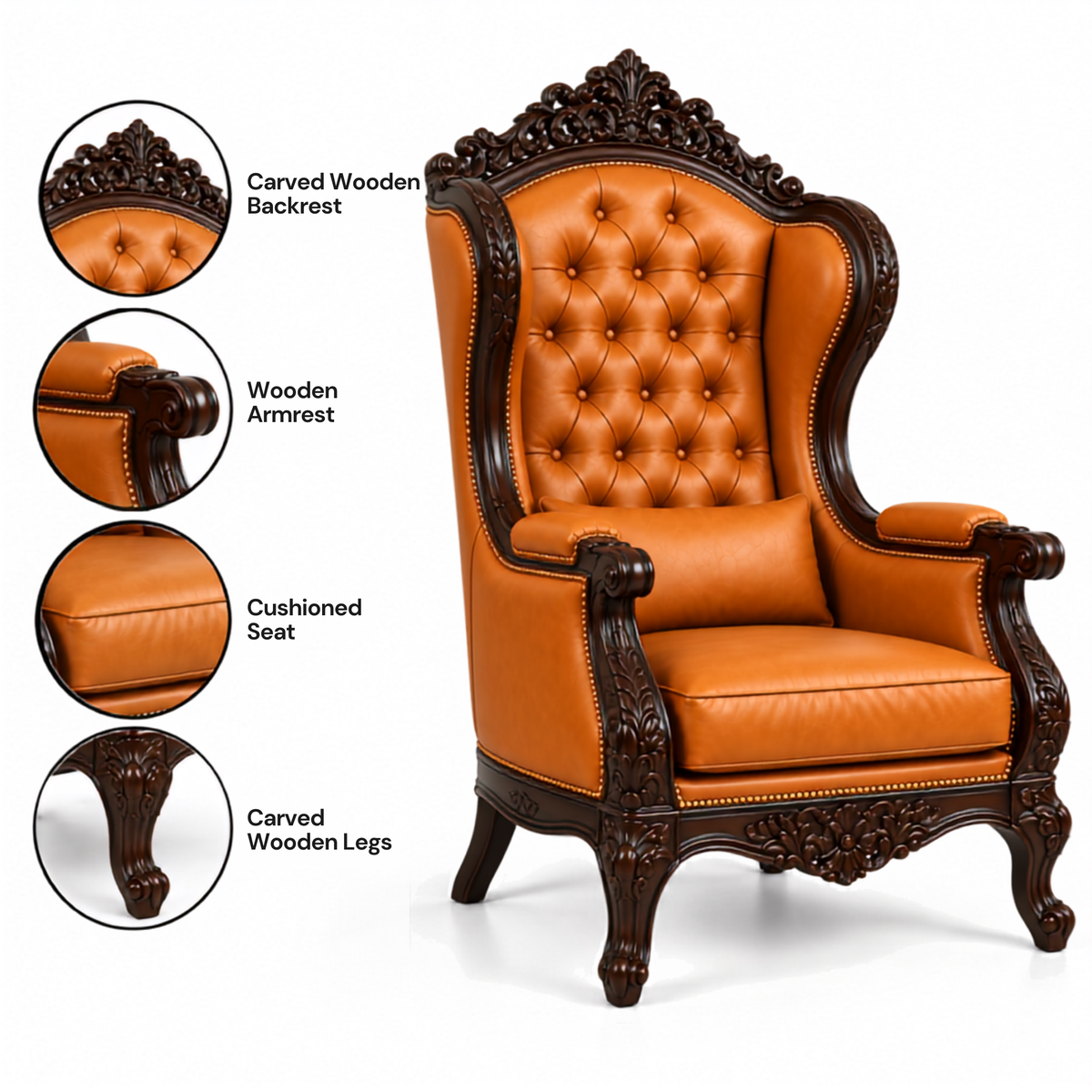 Royal Maharaja High Back Chair, upholstered in luxurious Leatherette, featuring wide armrests and design and Hand Crafting Chair Durable & High Comfort Chair