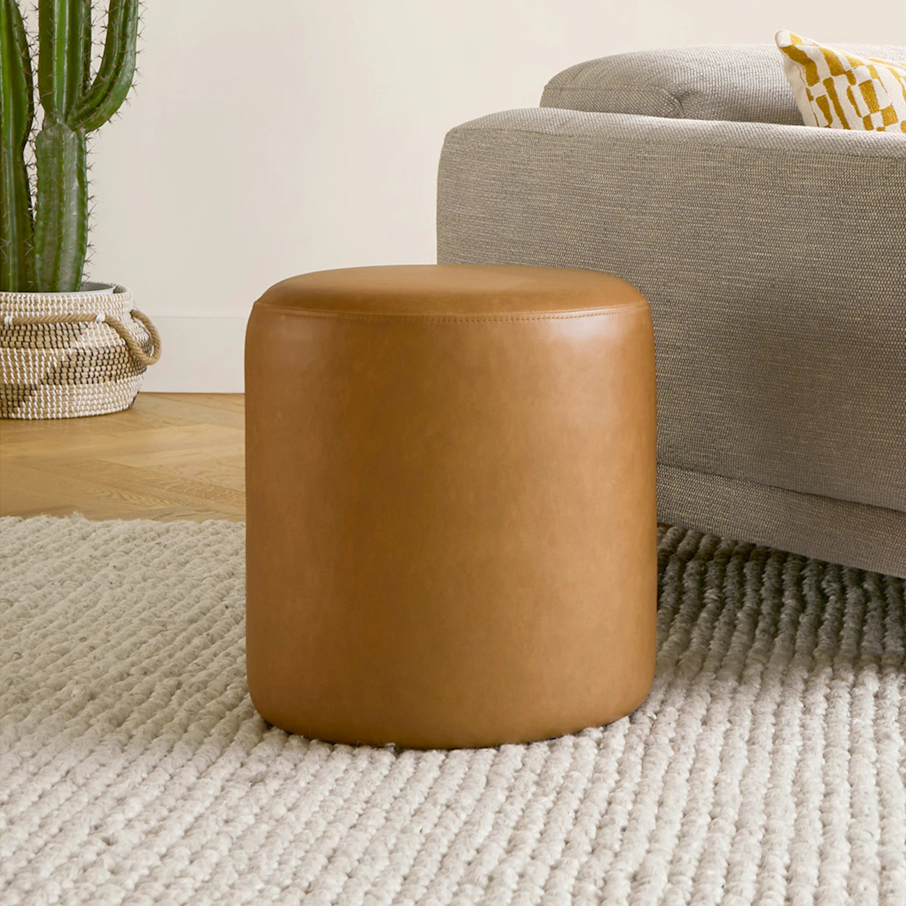 Round Leather Ottoman – Soft Padded Top, Stylish Design, Extra Living Room Seating