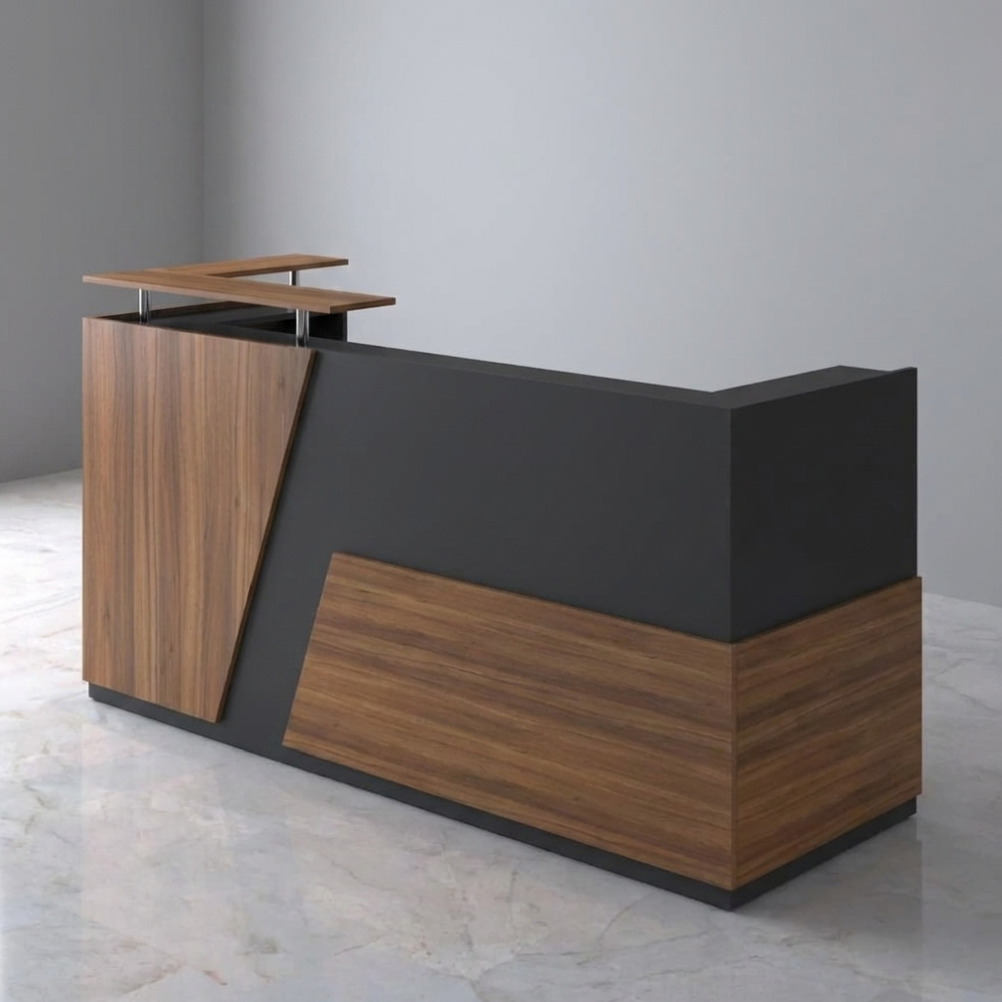 रिसेप्शन टेबल प्री-लैमिनेटेड पार्टिकल बोर्ड से बनी है, 1 दराज और 1 शटर, सागौन की लकड़ी की फिनिश के साथ - भूरा रंग