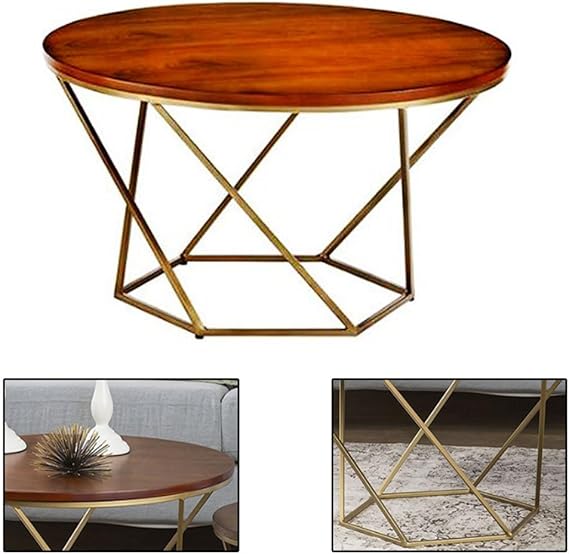 কাঠের শীর্ষ এবং ধাতব বেস ধাতব ফ্রেম সহ গোলাকার সাইড টেবিল