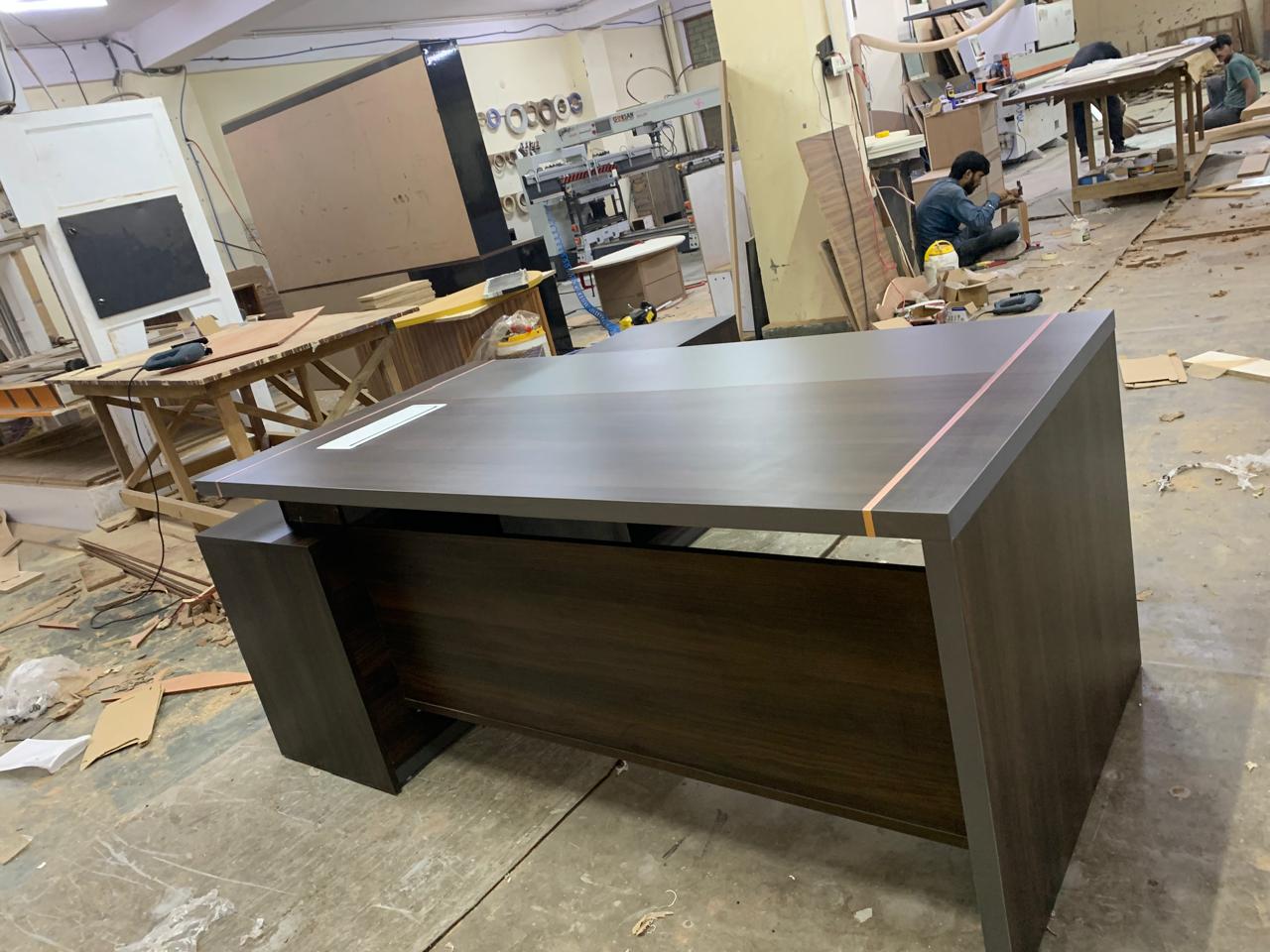 Director Office Table Made In Particle Board with Side Unite and Drawers & CPU Space - Teak Walnut Finish