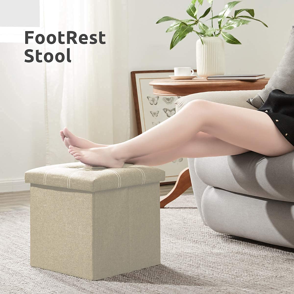 Ottoman Plouffe's Foldable Large Storage Cube, Bench Footrest Step Stool Storage For Living Room, Laundry, Table and Seating Ottoman- Beige