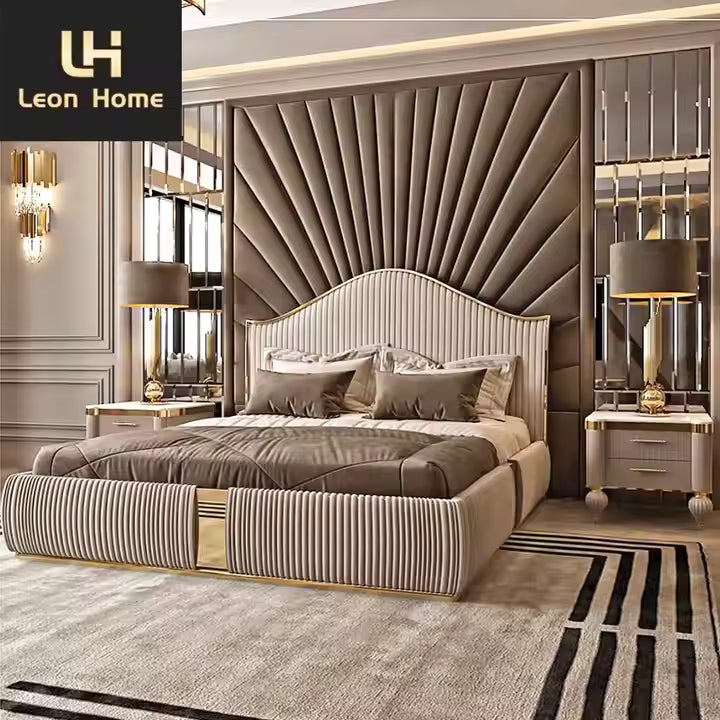King Size Bed high-headboard with gold frame styling for modern interiors and villas, with optional storage