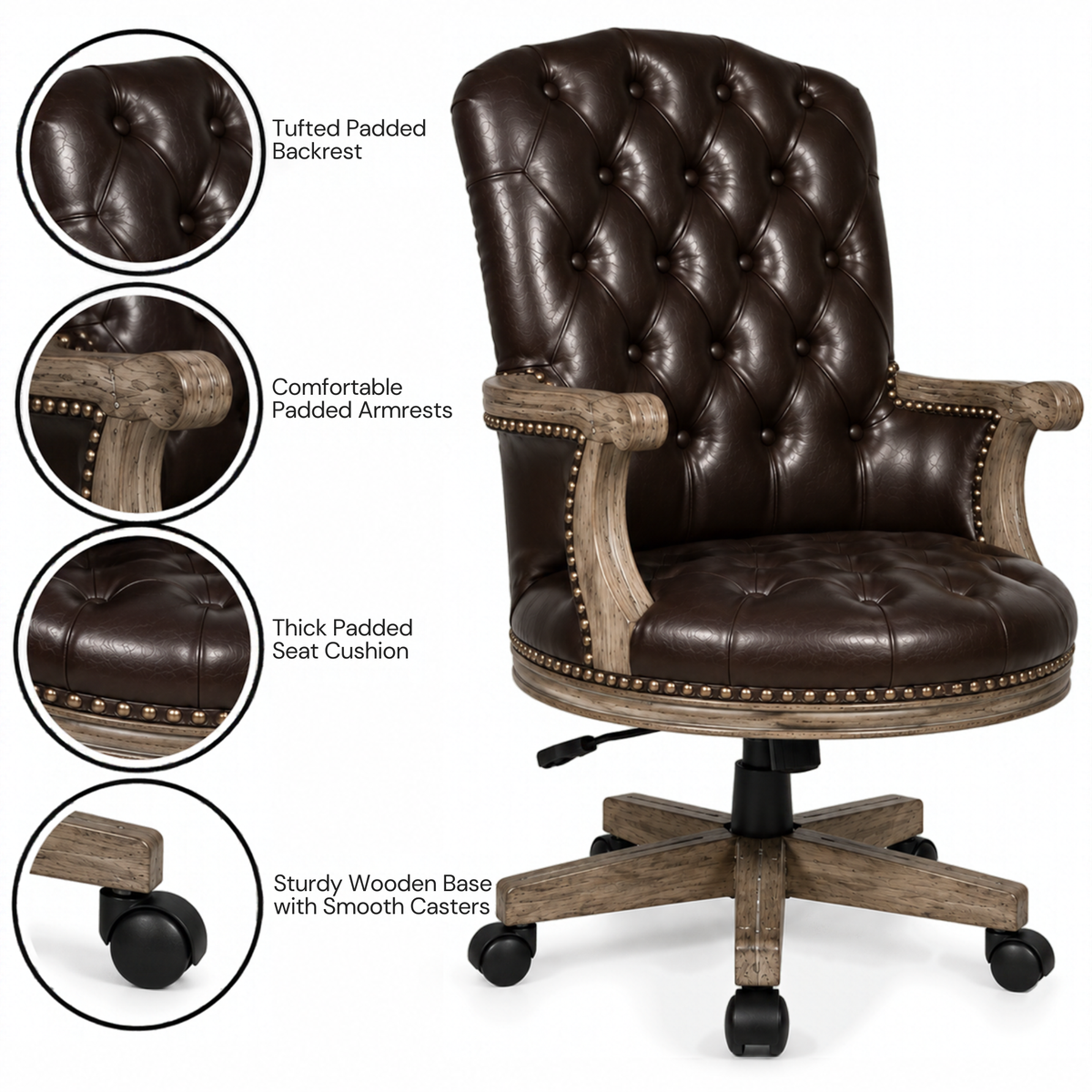 Director office Chair Tufted Design Made in Solid wood with Leatherette Upholstery & Armrest with Height Adjustable Premium Quality Chair