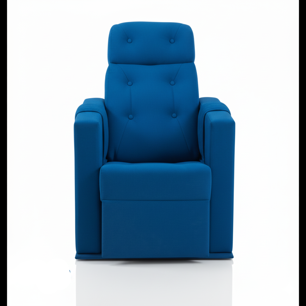 तकिये के ऊपर आर्मरेस्ट वाली लकड़ी की हल्की नीली कुर्सी