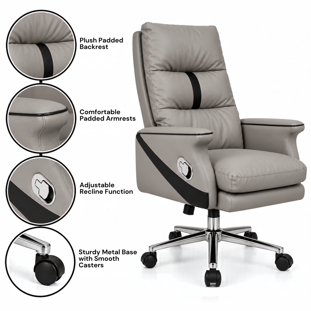 Luxury Leatherette Director High Back Office Chair with Recliner, Ergonomic Design, Chrome Base and Smooth Castors – Premium Brown Executive Chair