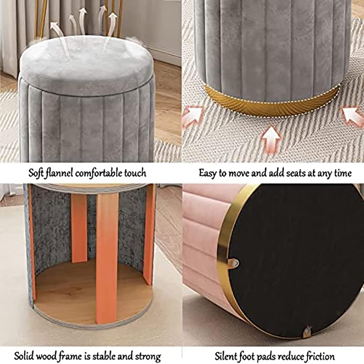 Ottoman Plouffe's Round Velvet Storage with Gold Base - Velvet Upholstered Foot Rest Stool, for Living Room Bedroom-Grey
