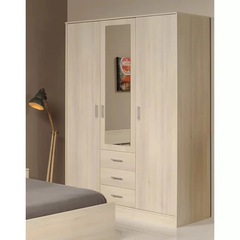 Modern Three‑Door Wardrobe with Full‑Length Mirror, Spacious Hanging Rod and Shelves, Sleek Design