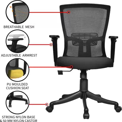 Executive Mid Back Mesh Office Chair with Fabric Seat, Ergonomic Support, Adjustable Height, Tilt Mechanism & Swivel Base for Office & Home
