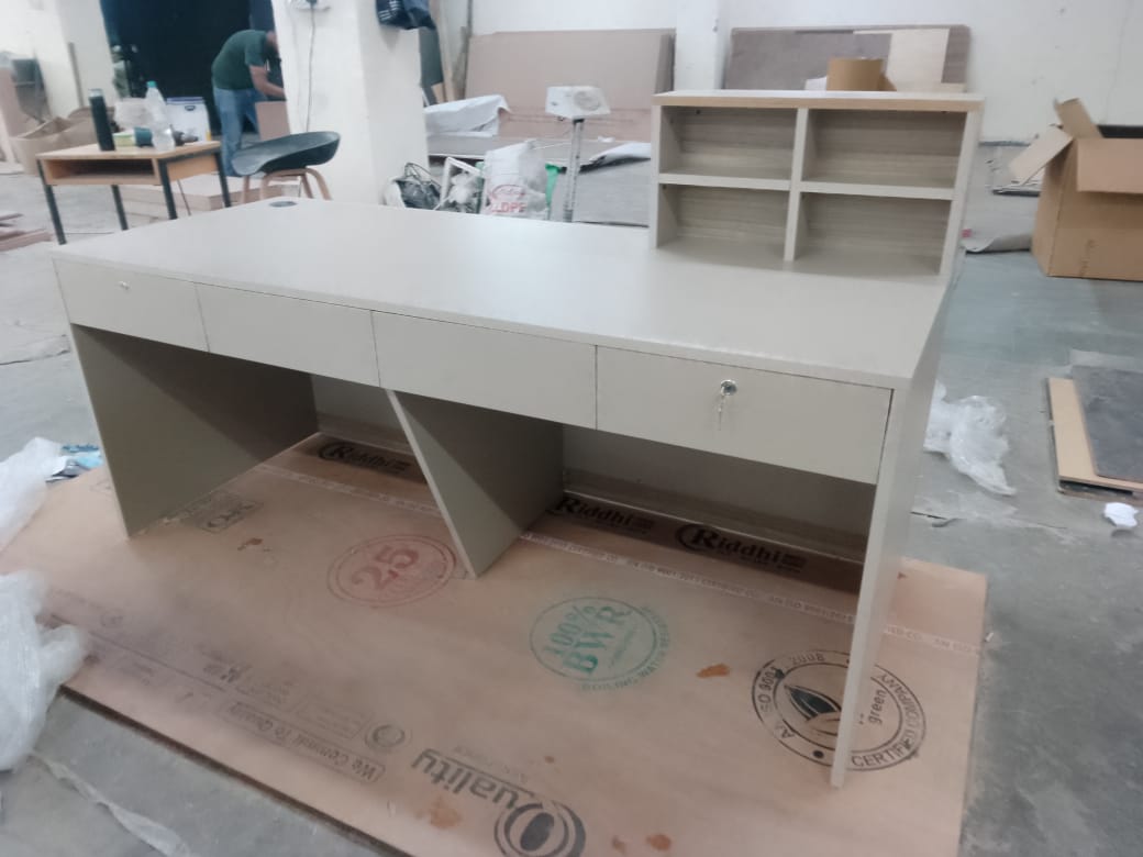 Reception Table for Office Counter Stylish Design Made in MDF and Multi Drawers & Round Wire Manager - Off  White Color