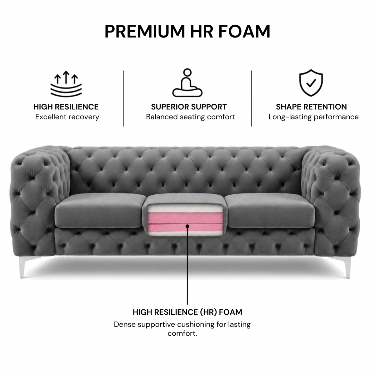 Premium Chesterfield 3 Seater Sofa with Deep Diamond Button Tufting, Curved Arms, Plush Cushioned Seats & Sleek Metal Legs