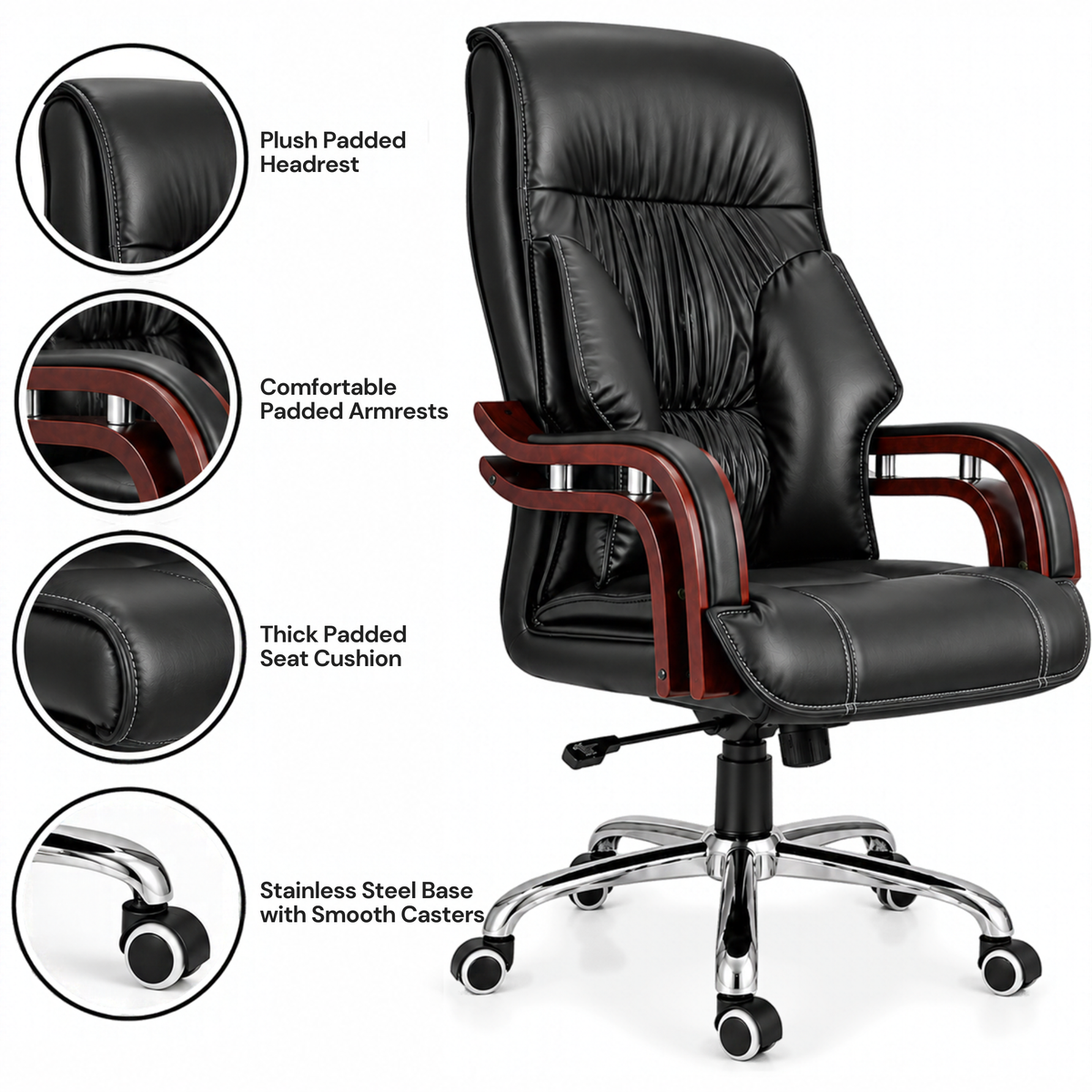 Luxury Boss Chair with High Back Leatherette Design and Stylish Chrome Base and Wooden Handle