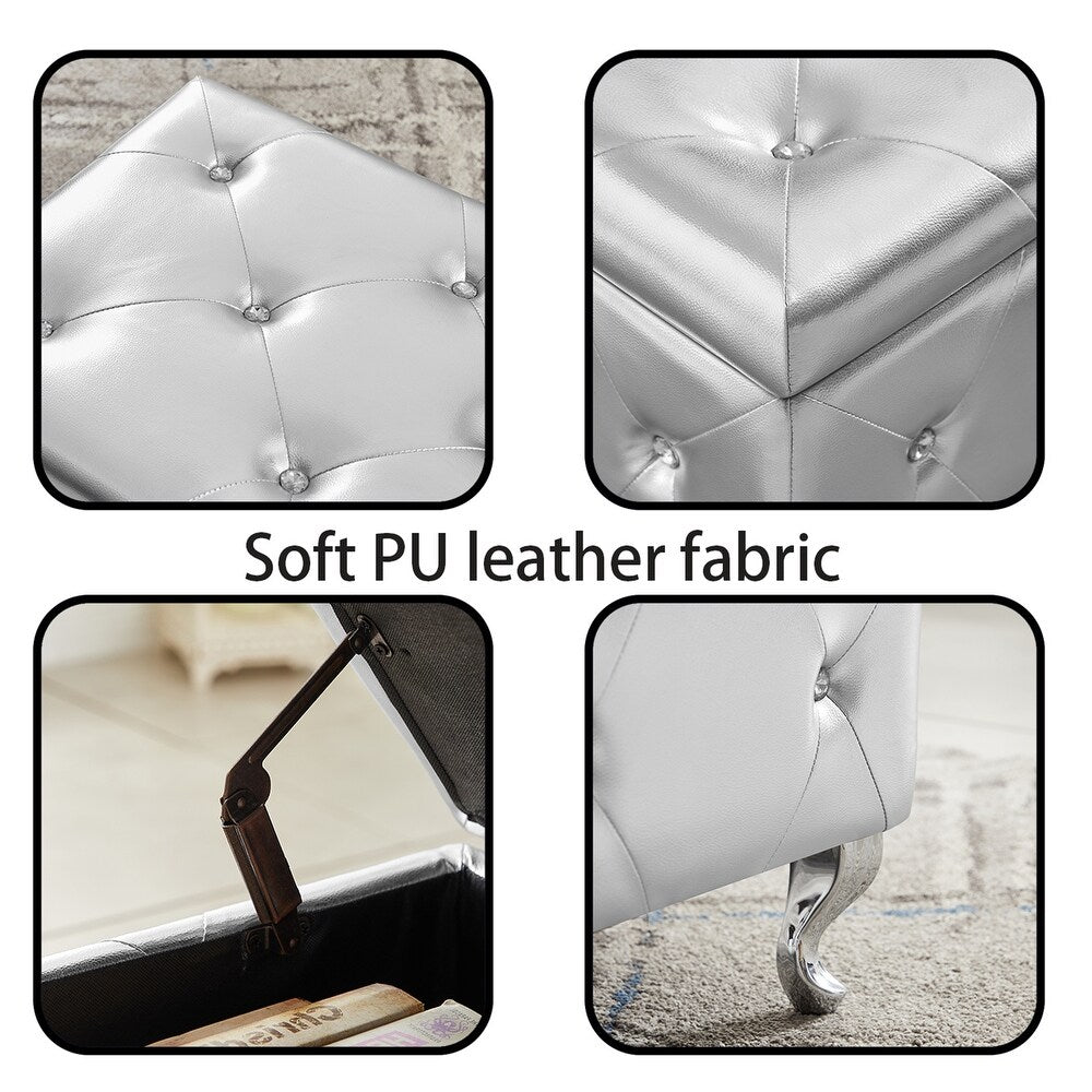 Elegant Grey Velvet Tufted Storage Ottoman Bench with Crystal Button Detailing and Silver Legs - Home Furniture