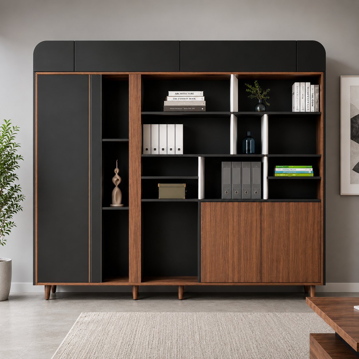 Stylish executive storage unit featuring multiple open shelves, concealed cabinets, and premium wood textures for organized office storage and modern interior aesthetics.