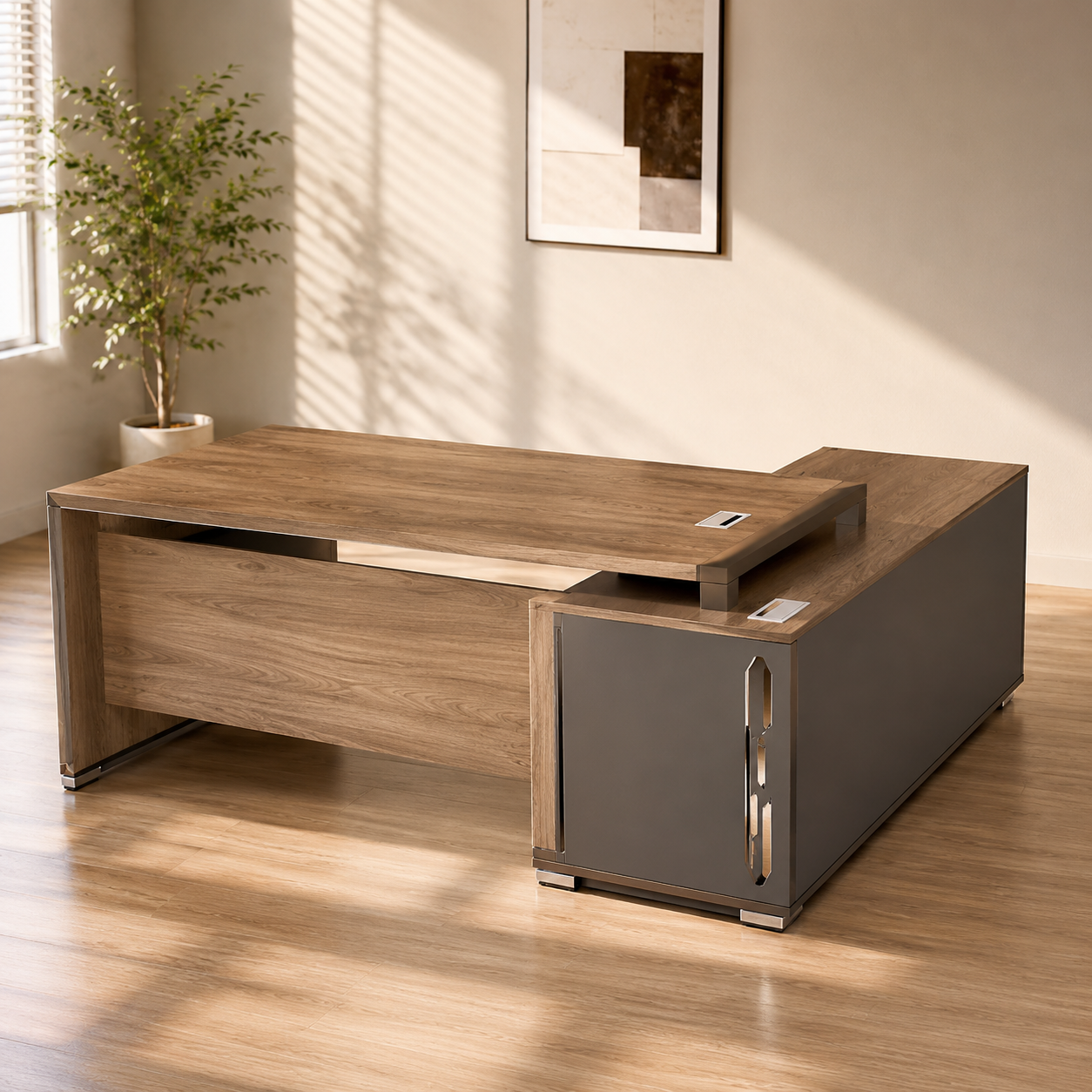 Director L-Shaped Table Luxury Design Made in Particle Board for CEO & Director Office with Drawers and Storage - Brown