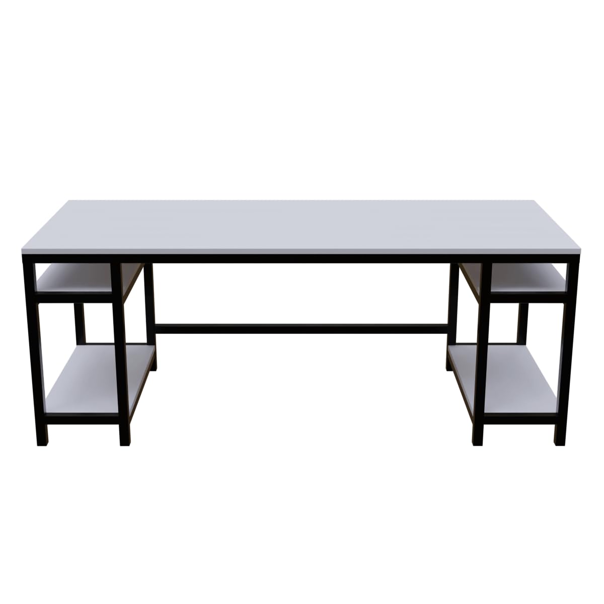 Modern Computer Table with Dual Storage Shelves, White Particle Board and Black Metal Frame – Spacious Work Desk