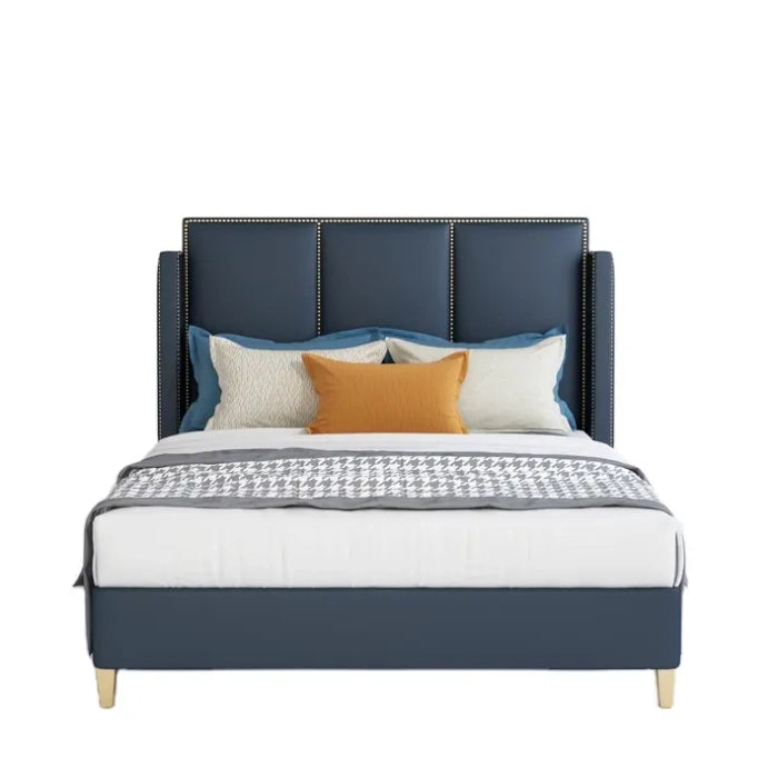 Luxury Blue King Size Bed, Leatherette Upholstered Plywood Frame, Sleepwell Foam