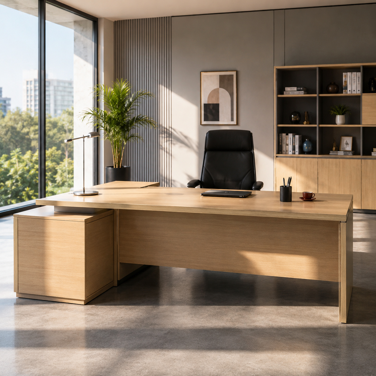 Director L-Shape Table Luxury Modern Office Desk Made in Plywood with Wire Manager Side unit drawers and Openable Storage
