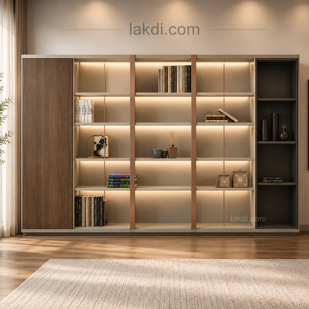 Premium display and storage cabinet crafted with open shelving, concealed compartments, and modern aesthetics for sophisticated home and office organization.