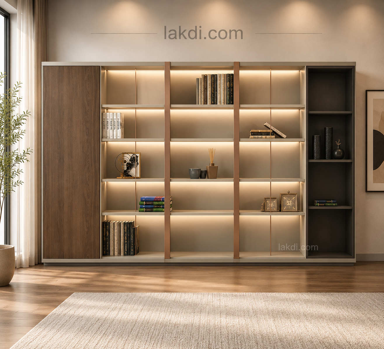 Premium display and storage cabinet crafted with open shelving, concealed compartments, and modern aesthetics for sophisticated home and office organization.