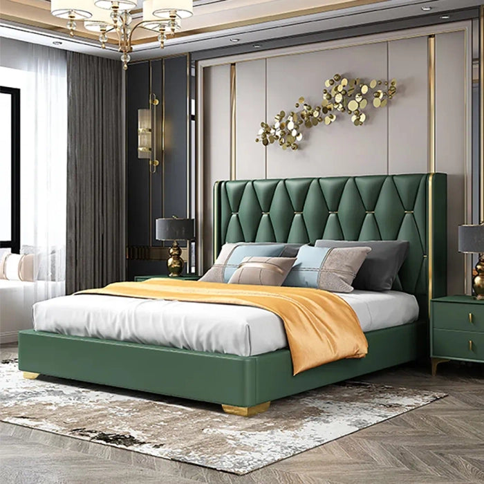Modern Green Velvet Upholstered Bed with Gold-Tone Frame – Wooden Frame