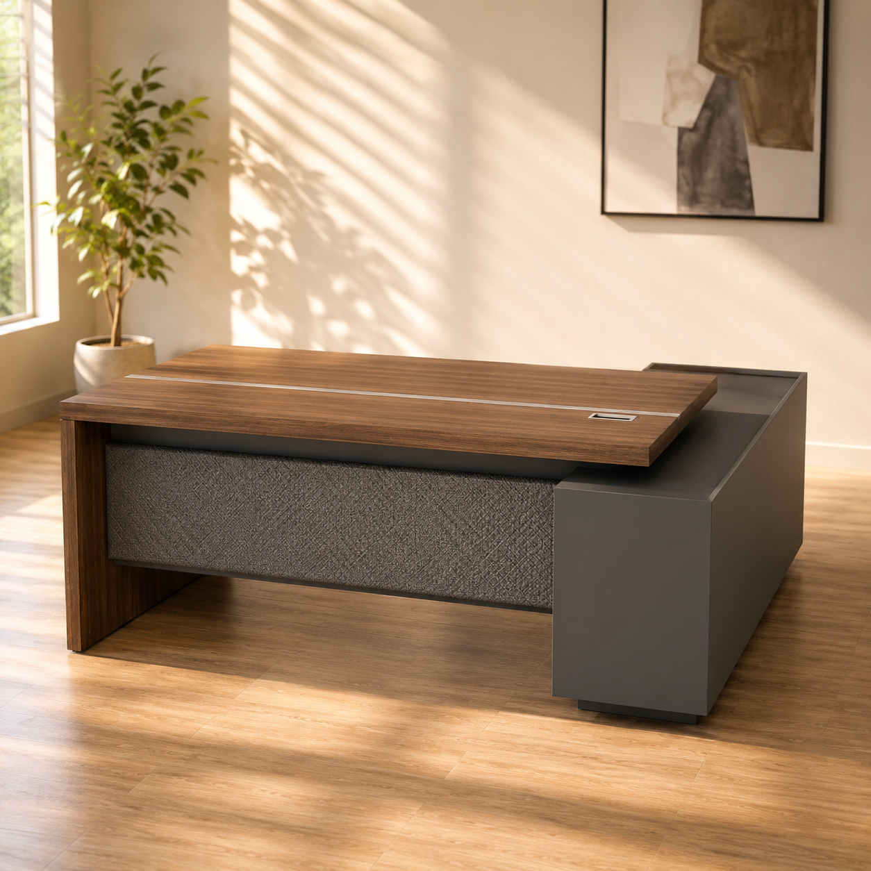 Luxury Director L-Shape Office Table and Side Unit Particle with Walnut Laminate, and Integrated Power Ports