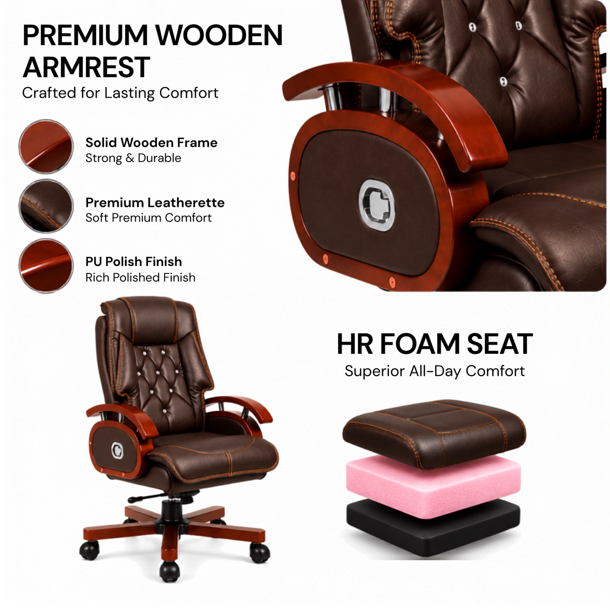 High Back Leatherette and Pure Leather Wooden Director Office Chair with Wooden Base and Handle, Wooden chair