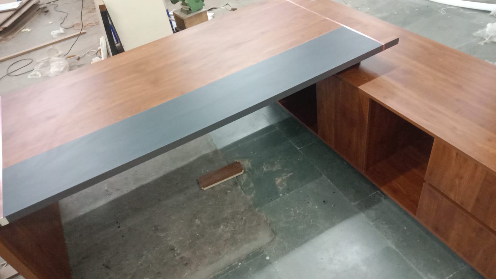 Director Office Table Made In Particle Board with Side Unite and Drawers & CPU Space - Teak Walnut Finish