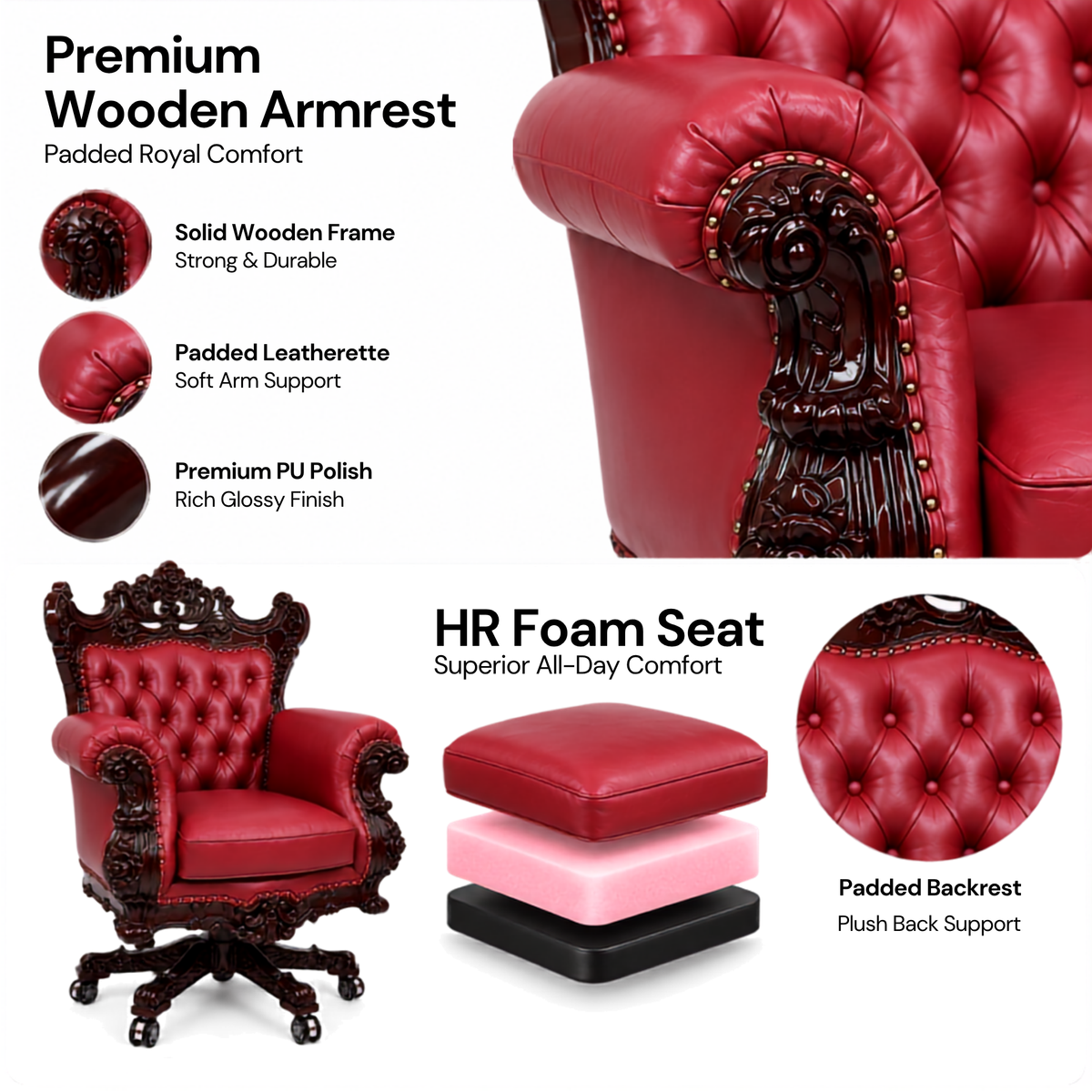 Design Hand Carved Teak Wood Adjustable Height 360D Swivel Button Tufted Office Armrest Chair